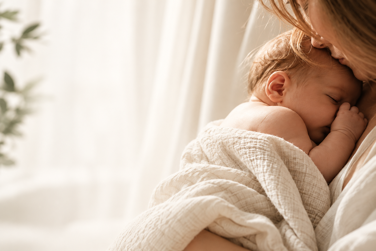 Mutter küsst ihr schlafendes Baby
